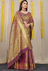 Unveiled Elegance Golden Worked Maroon Heavy Banarasi Saree
